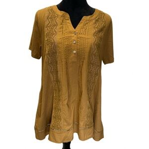 LOGO Lori Goldstein Top Womens S Boho Gold Embroidered Pintuck Henley Pocket